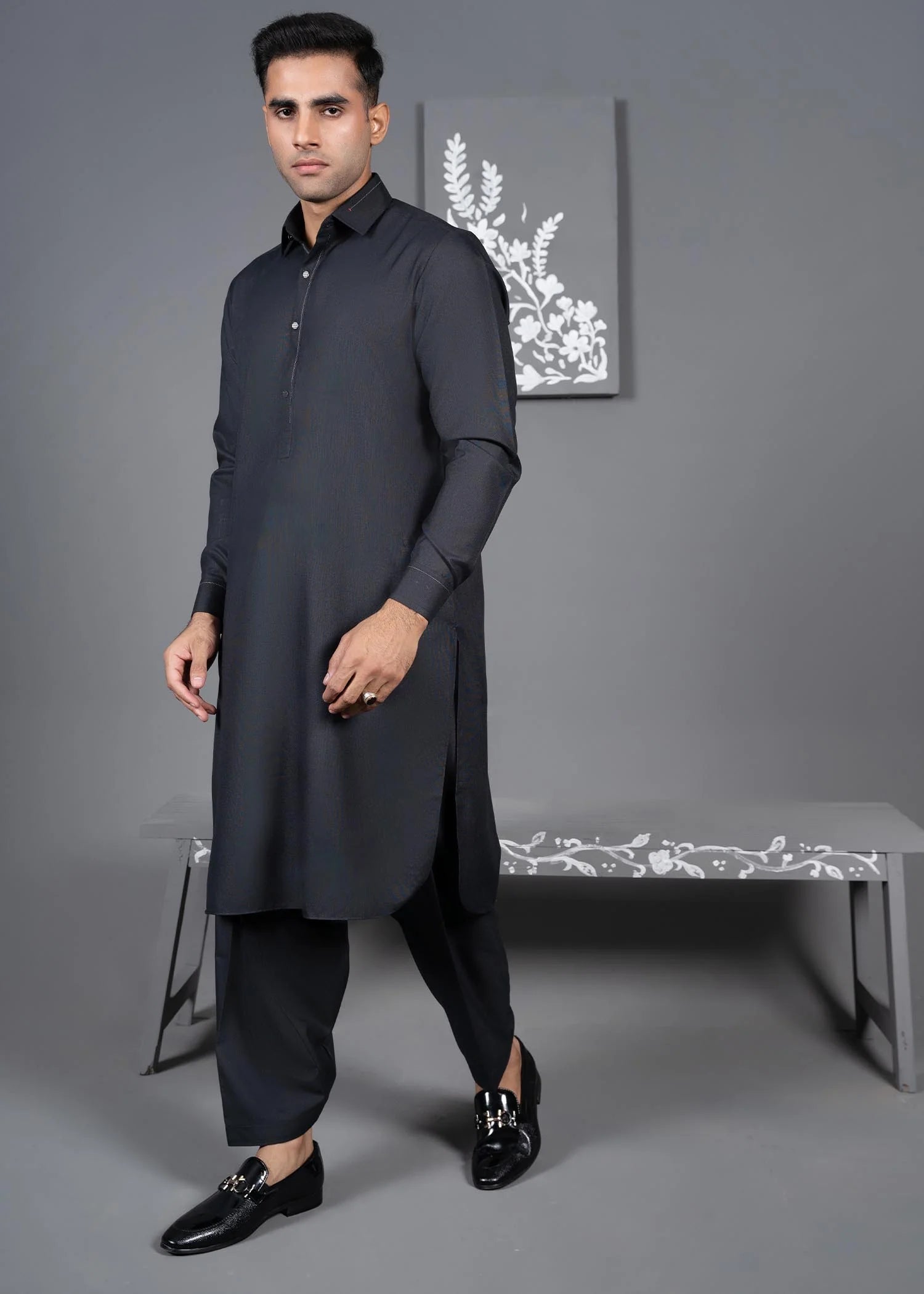 Ash Grey Textured Detailed - Kameez Shalwar