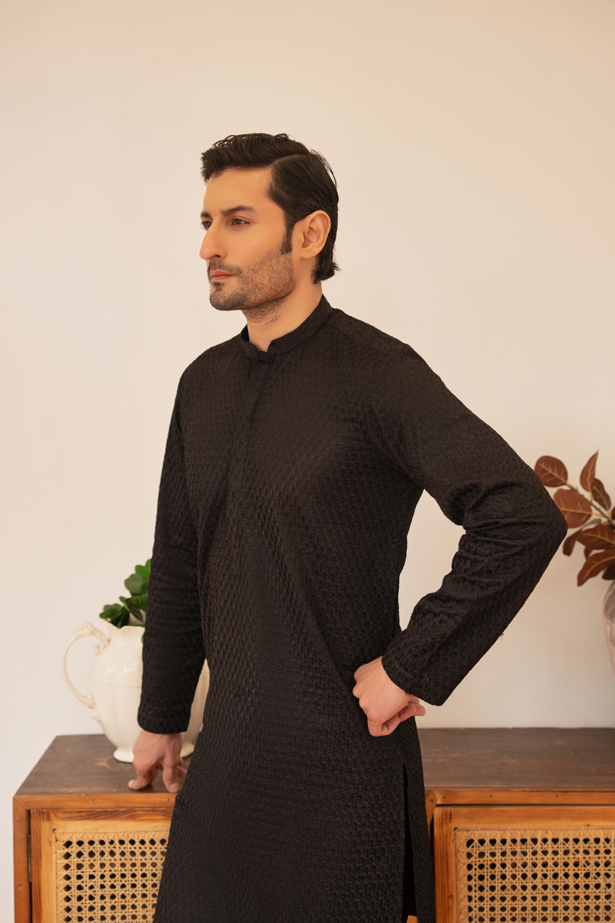 Embroidery Chikenkari Kameez Trouser- Black Blossom