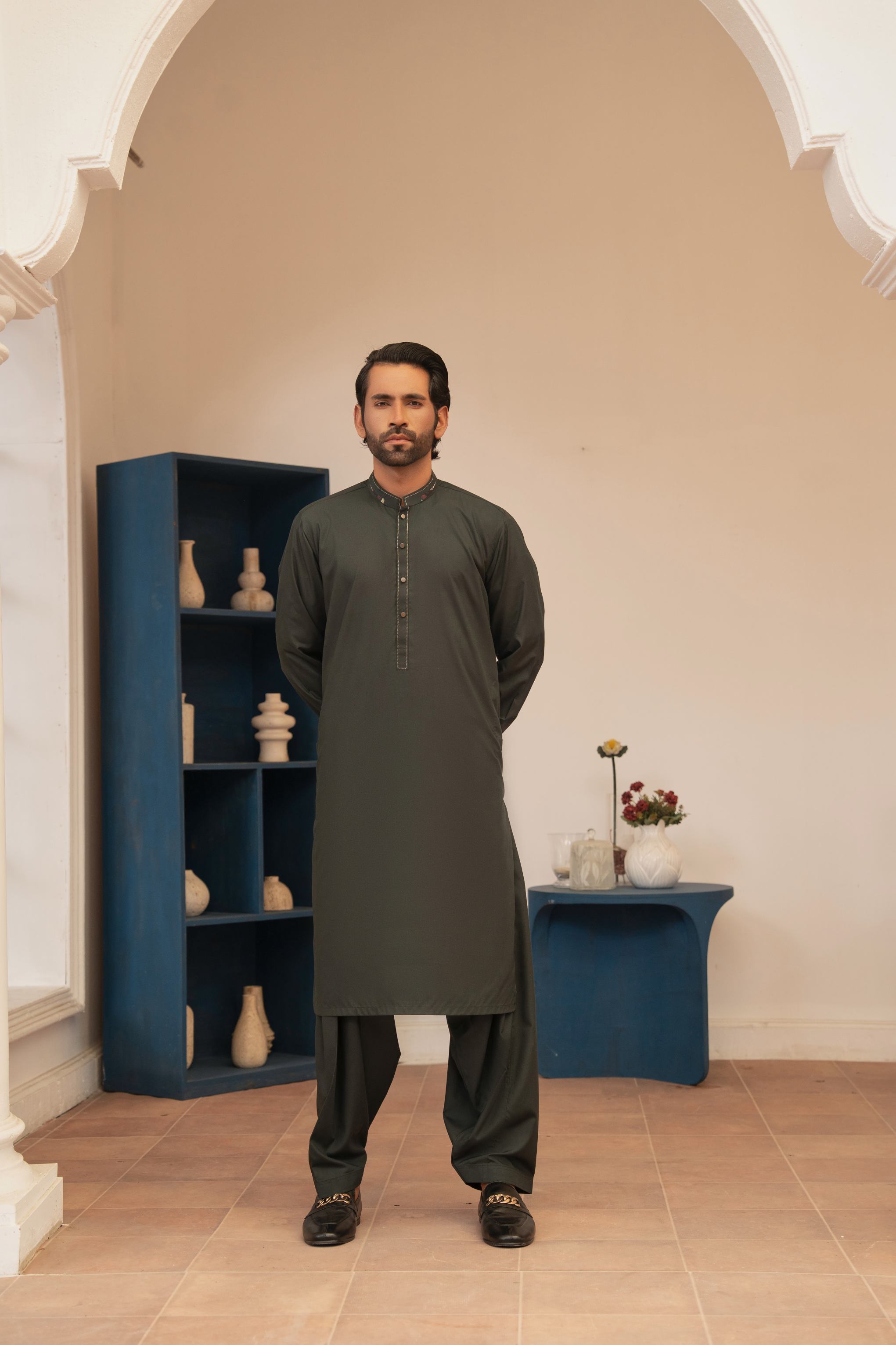 Detailed Kameez Shalwar - Bottle Green