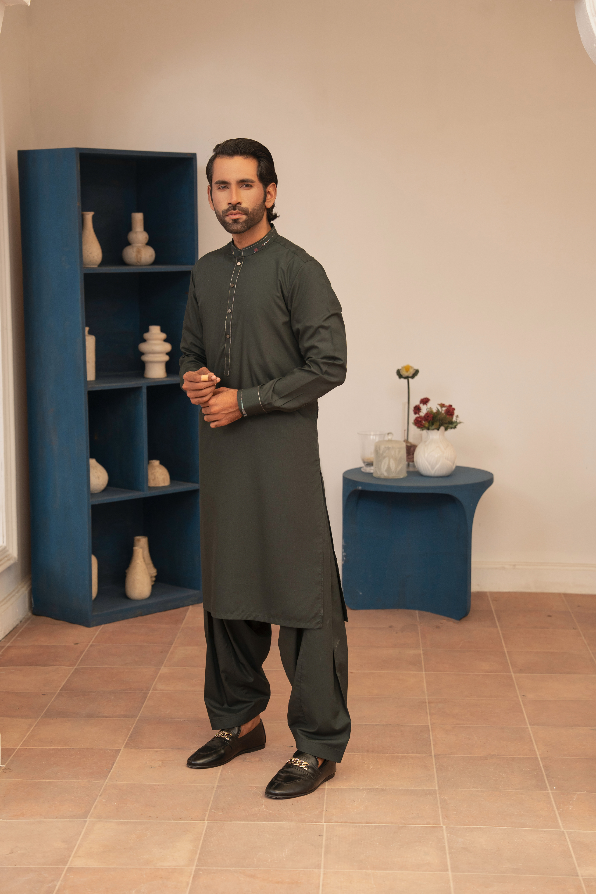 Detailed Kameez Shalwar - Bottle Green