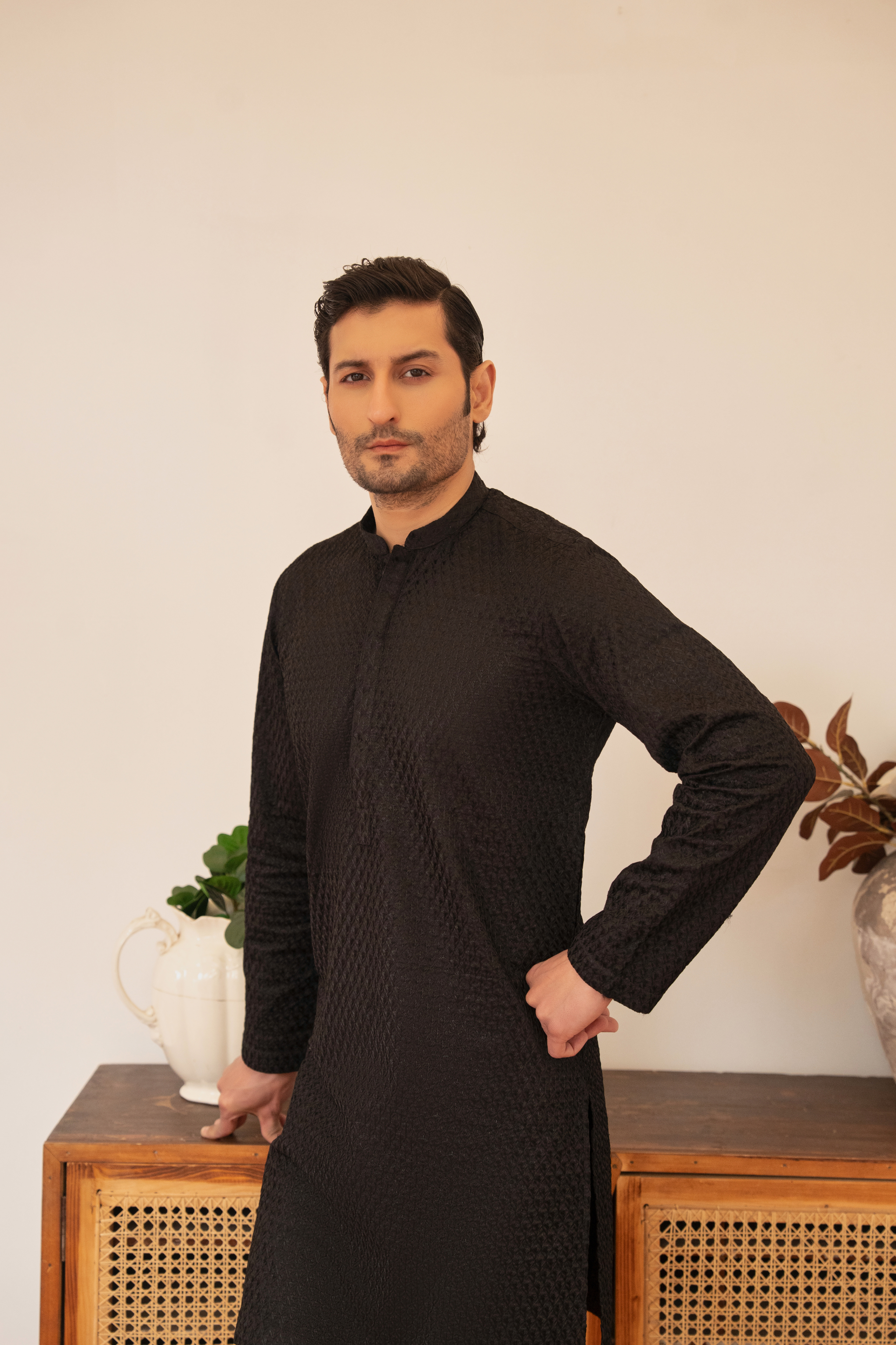 Embroidery Chikenkari Kameez Trouser- Black Blossom