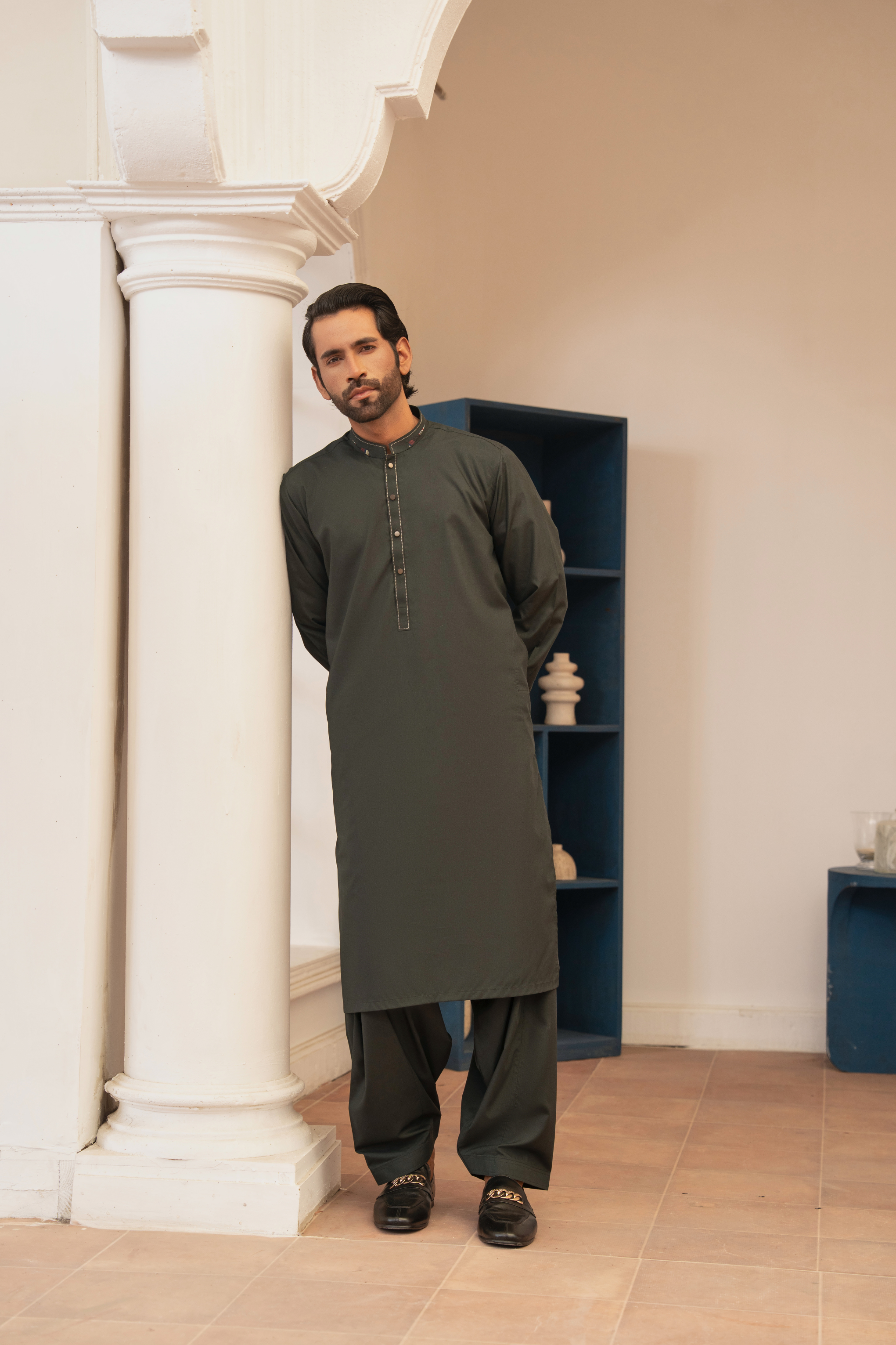 Detailed Kameez Shalwar - Bottle Green