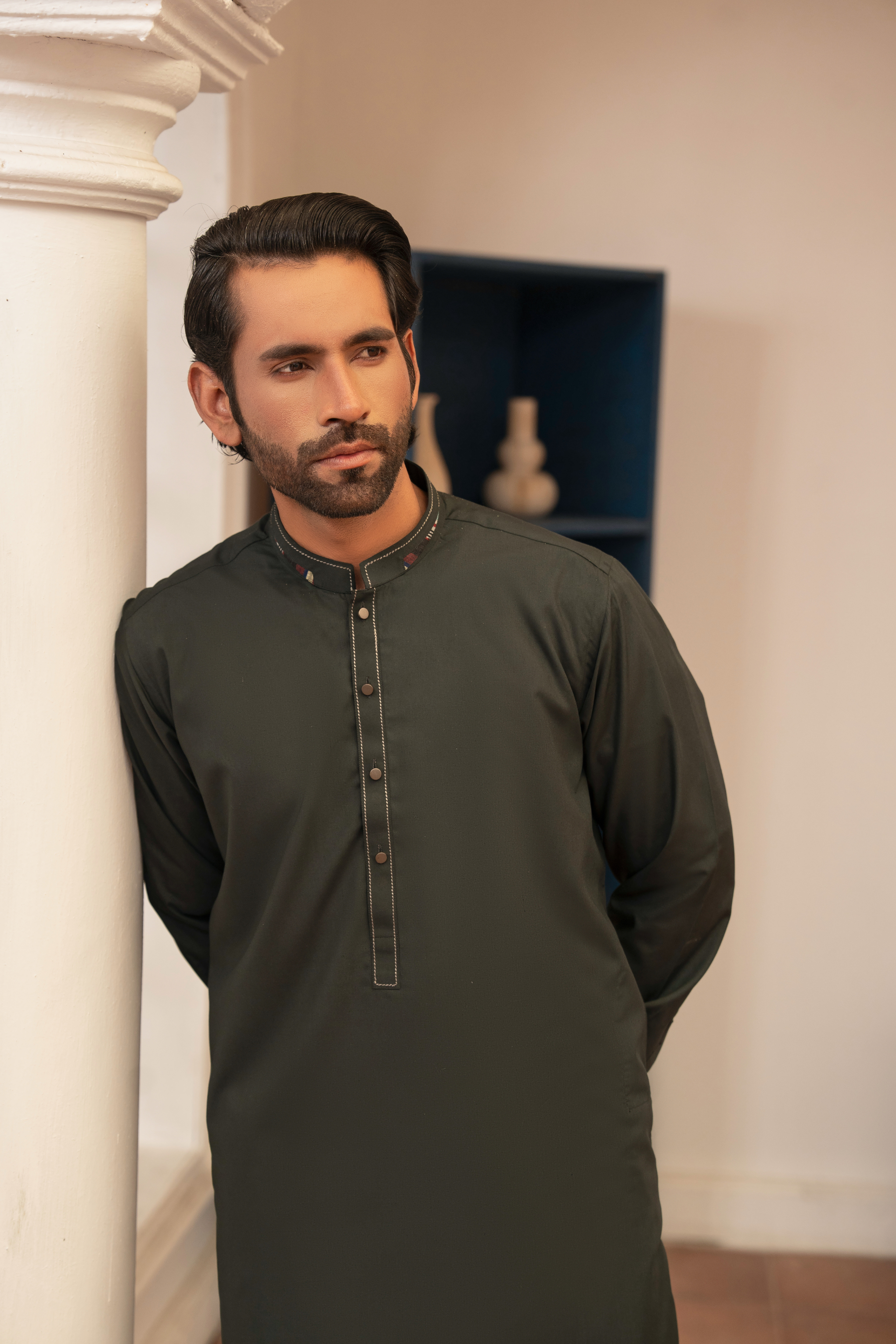 Detailed Kameez Shalwar - Bottle Green