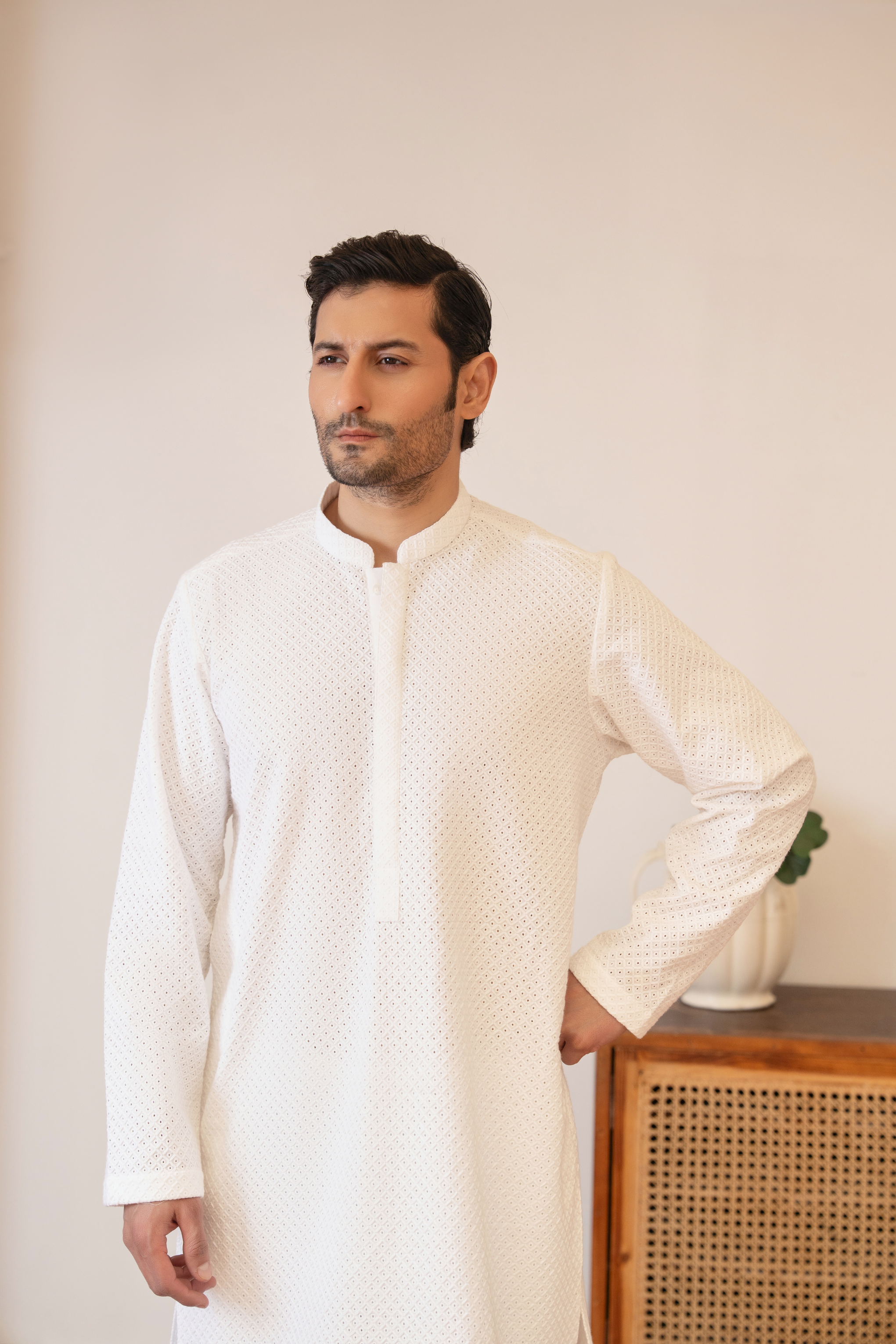 Embroidery Indian Chikenkari Kameez Trouser- Milky