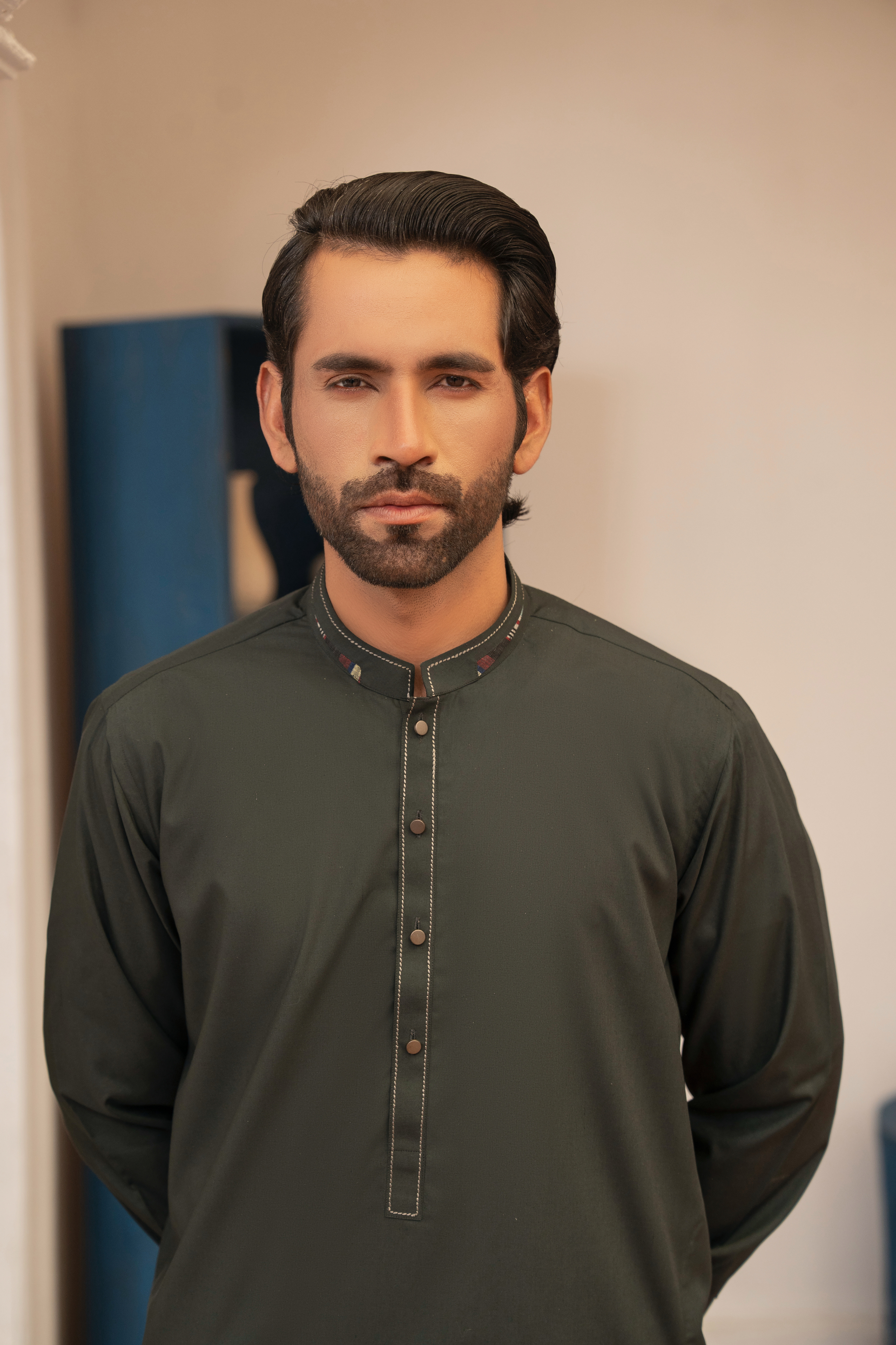 Detailed Kameez Shalwar - Bottle Green