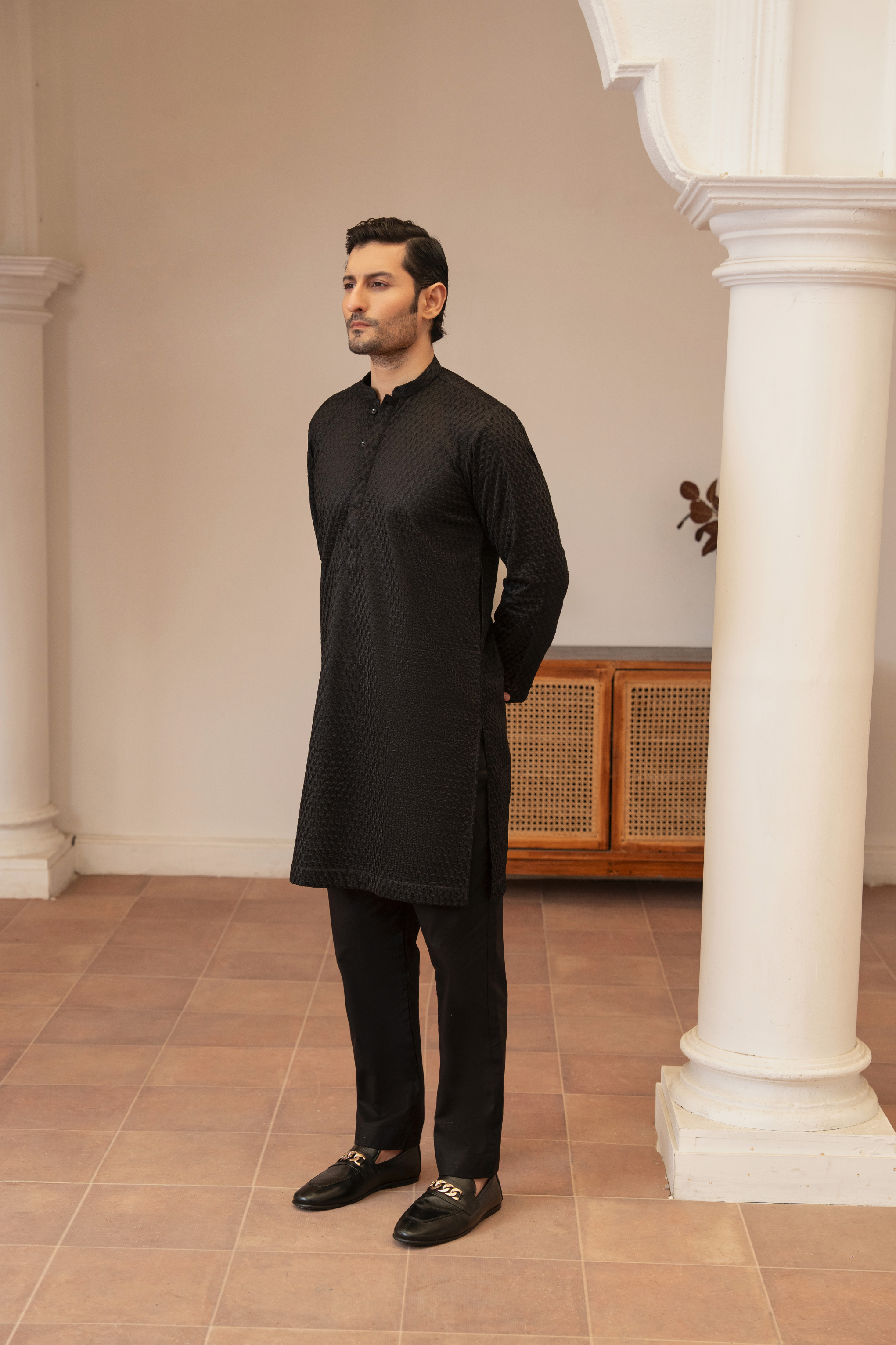 Embroidery Chikenkari Kameez Trouser- Black Blossom