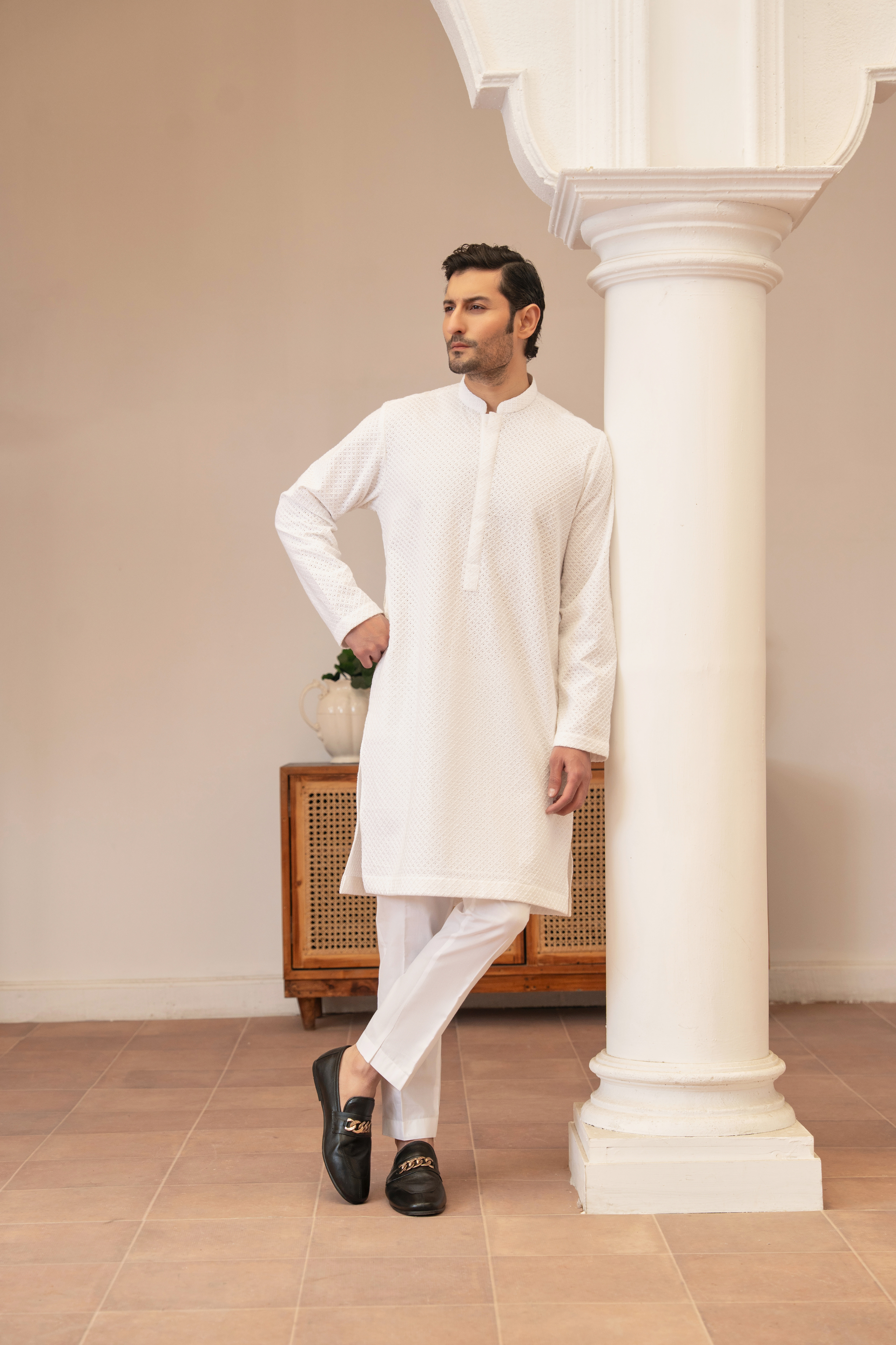 Embroidery Indian Chikenkari Kameez Trouser- Milky