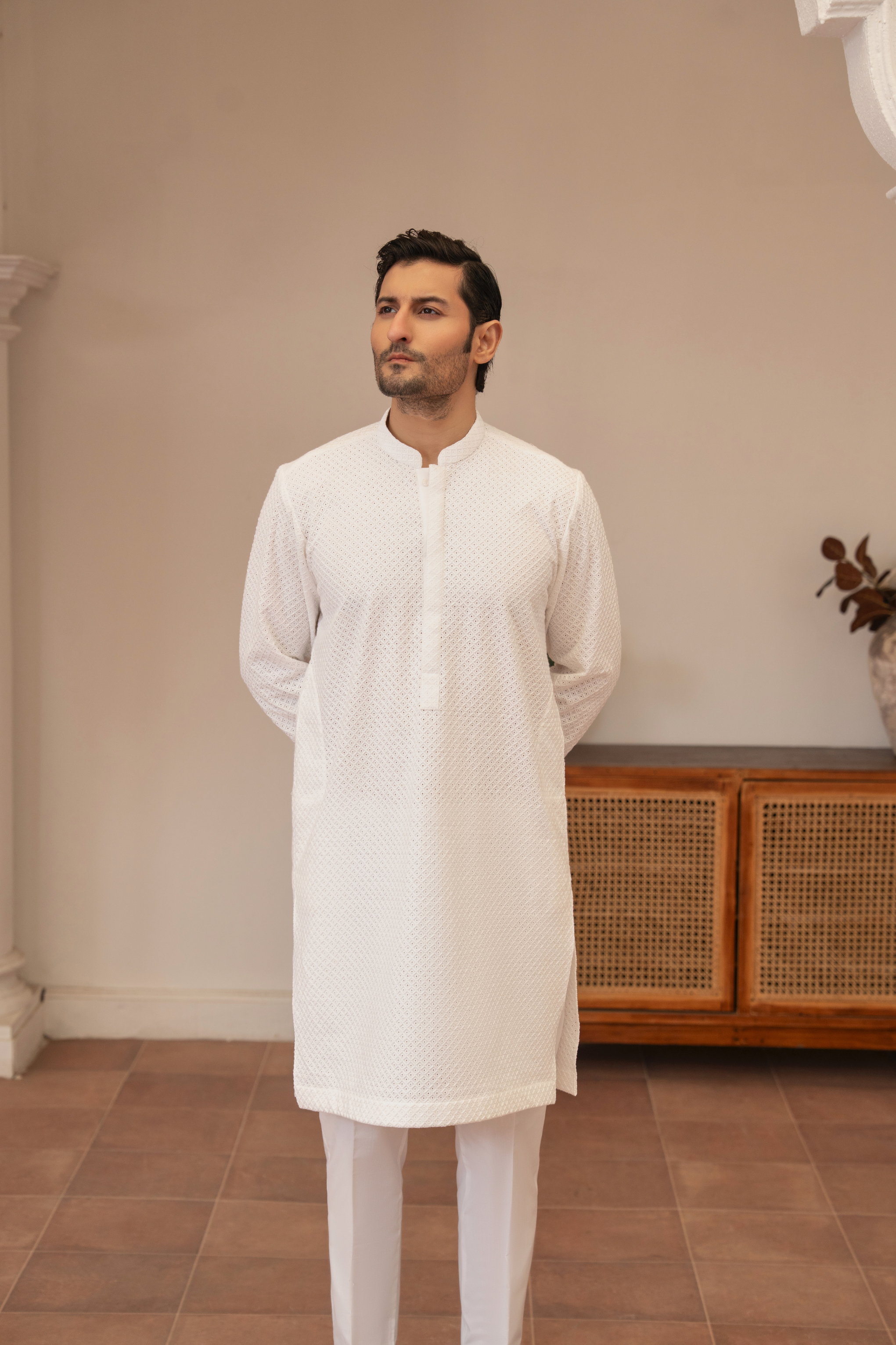 Embroidery Indian Chikenkari Kameez Trouser- Milky