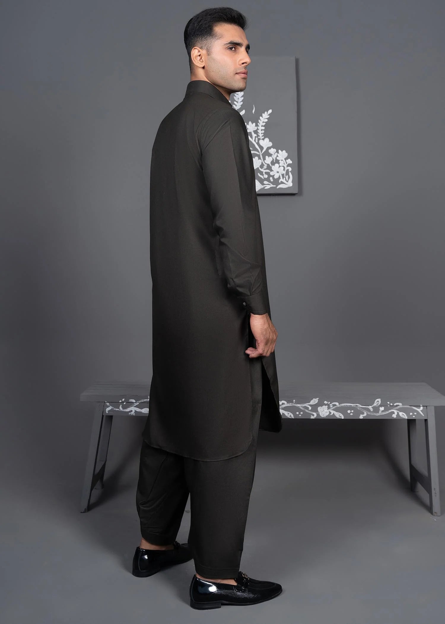 Olive Textured Blended Embroidered - Kameez Shalwar