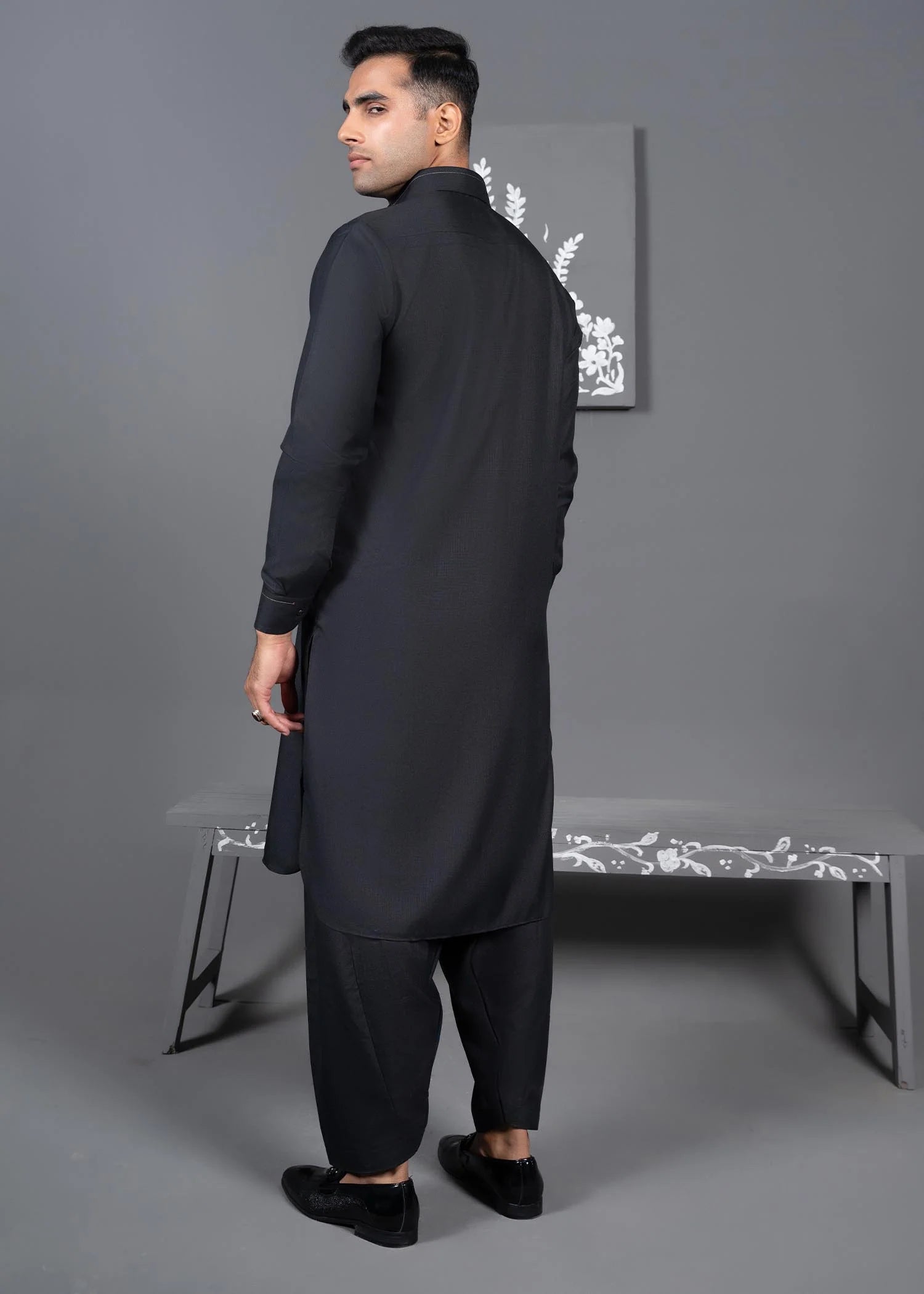 Ash Grey Textured Detailed - Kameez Shalwar